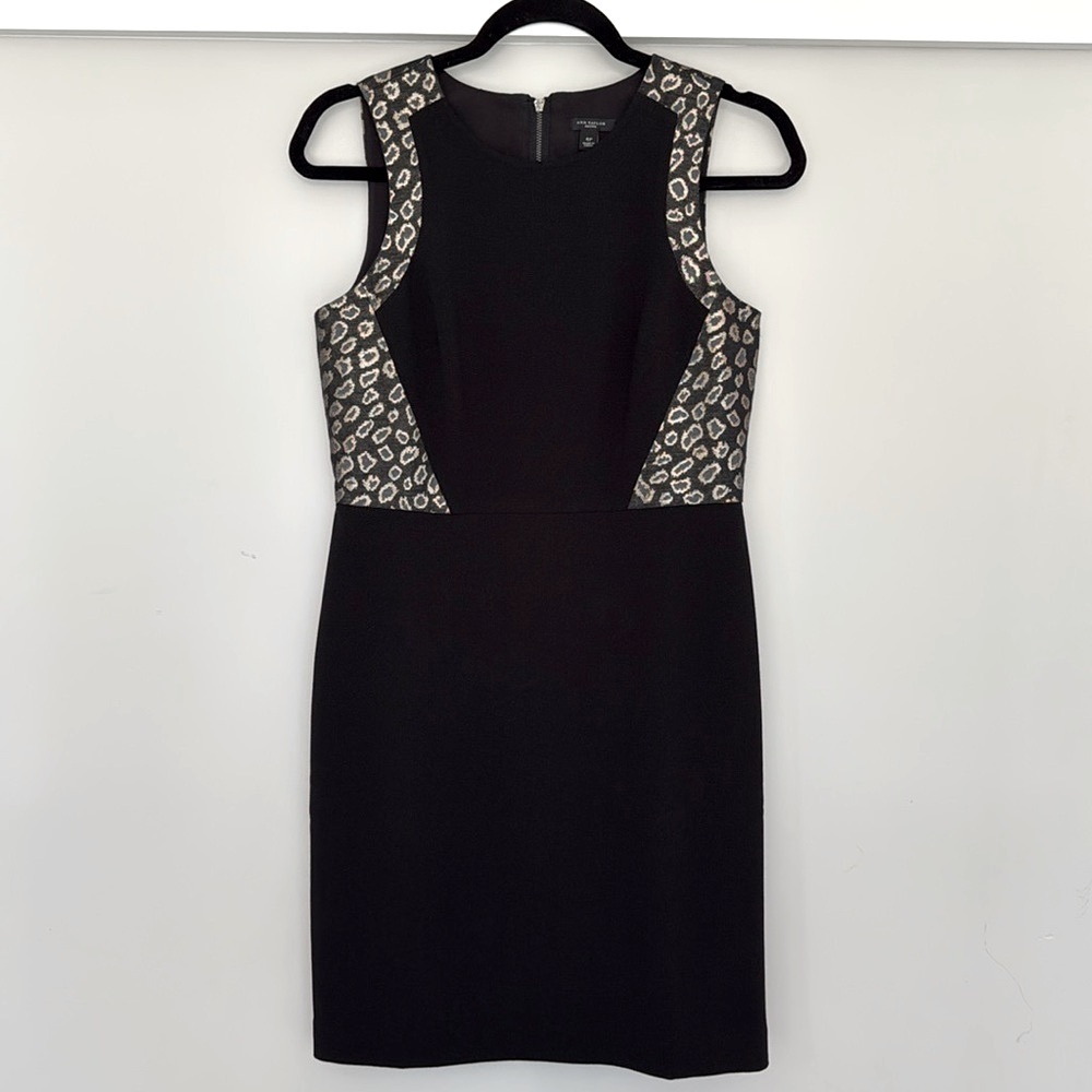 Ann Taylor Sheath Sleeveless Midi Dress Black Leopard Accents Zip Size 4P